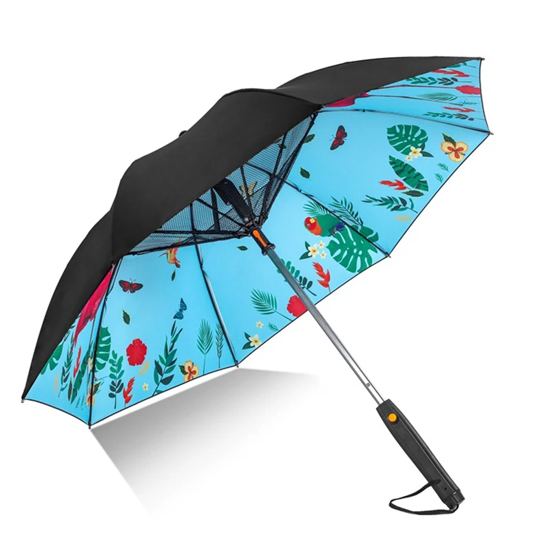 27 Inch Manual Open Promotional Custom Logo Fan Mist Straight Umbrella UV Umbrella with Fan