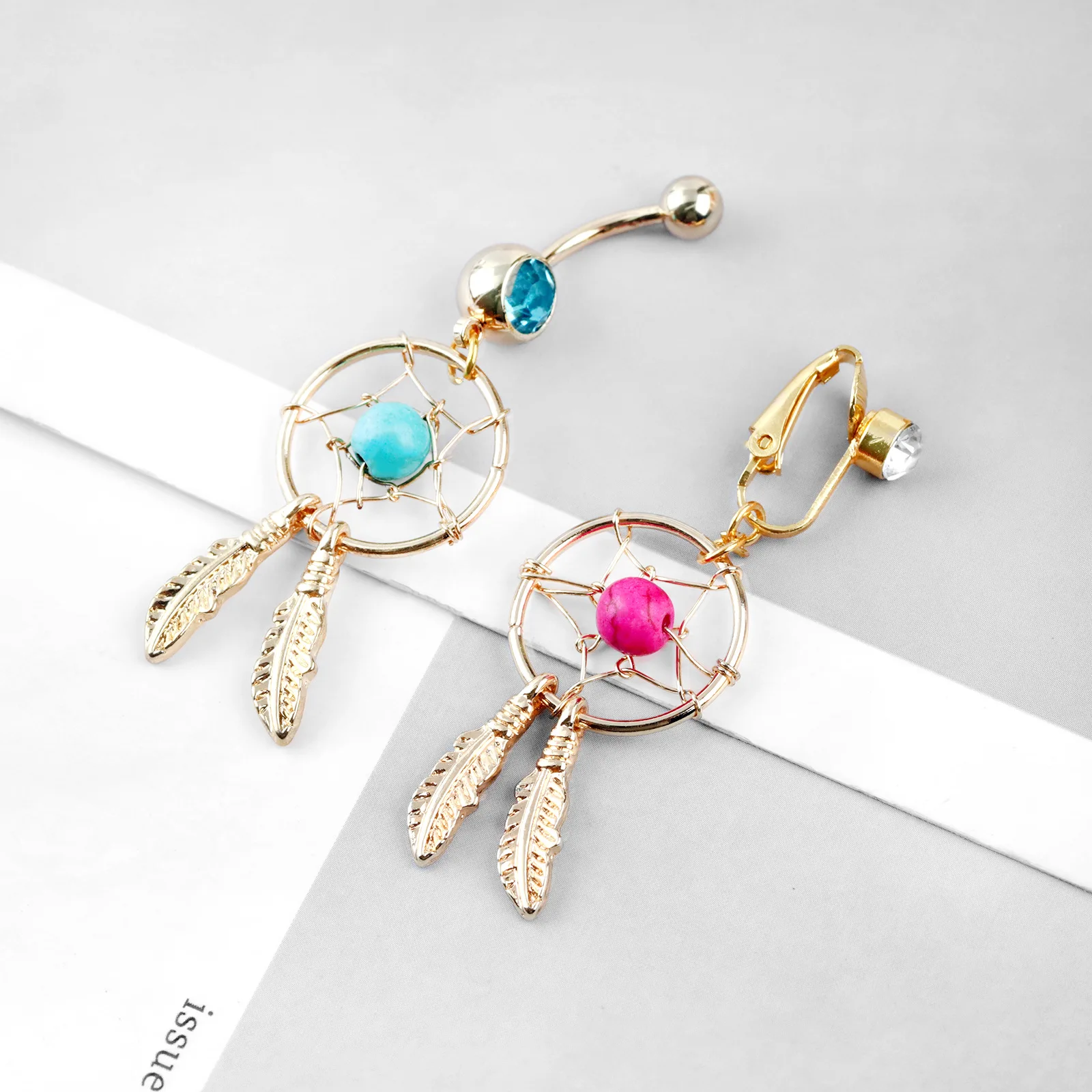 Stainless steel turquoise dream catcher navel ring button button button piercing wholesale key chain feather ethnic wind