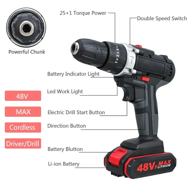 48VF Wireless Electric Drill Impact Drill Set For Home Cordless Screwdriver Lithium Battery Cordless Drill Wrench