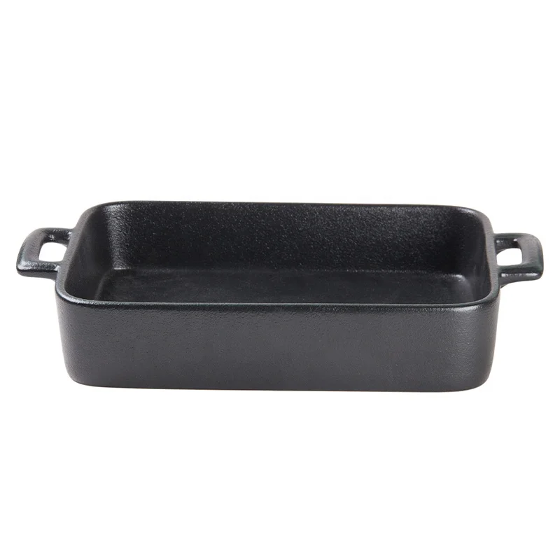 Custom Logo Rectangle Stoneware Bread Bakeware Pans with Double Handle black Ceramic Baking Tray Use of microwave oven