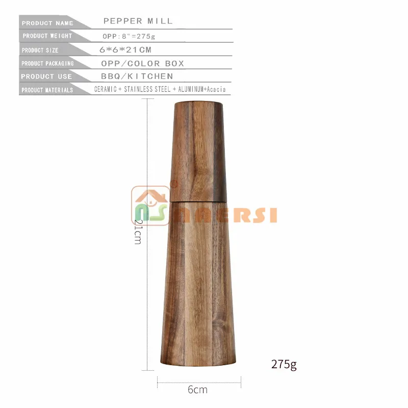 New Style Manual Acacia Wooden Pepper Grinder and Salt Mills, Spice Grinder With Adjustable Coarseness  for Seasoning