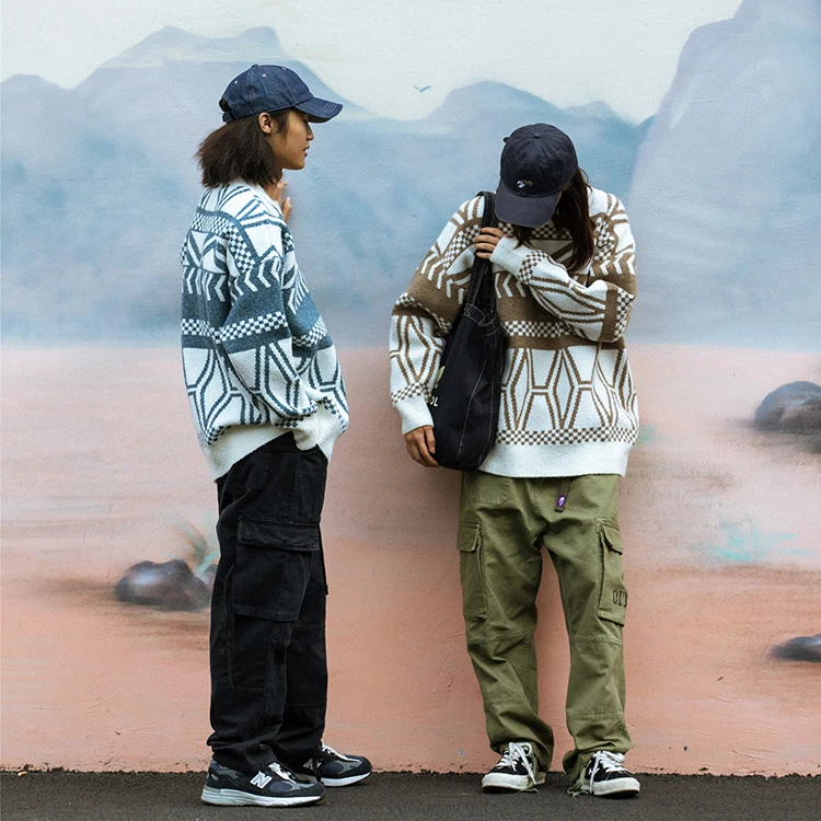 Wholesale autumn trendy men cotton vintage wide leg multi-pockets functional ribbon trim oversized baggy cargo pants