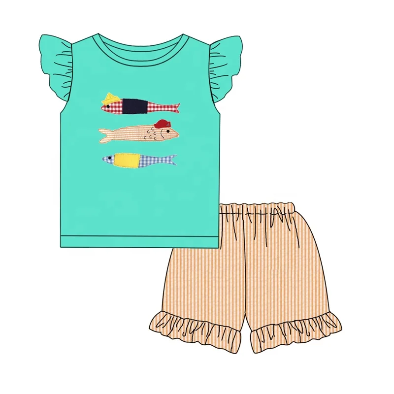 Hot Sale Cute Fish Applique Design Girls Seersucker Shorts baby girl clothing set For Summer