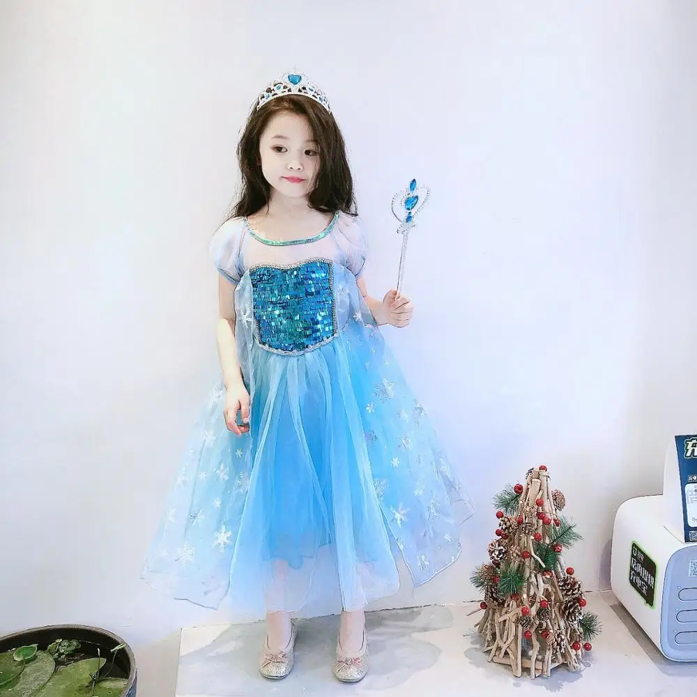 Frozen Child Princess Dresses Short Sleeve Girls Elsa Birthday Dress Kids Cosplay Perform Party Show Sequins Clothes
