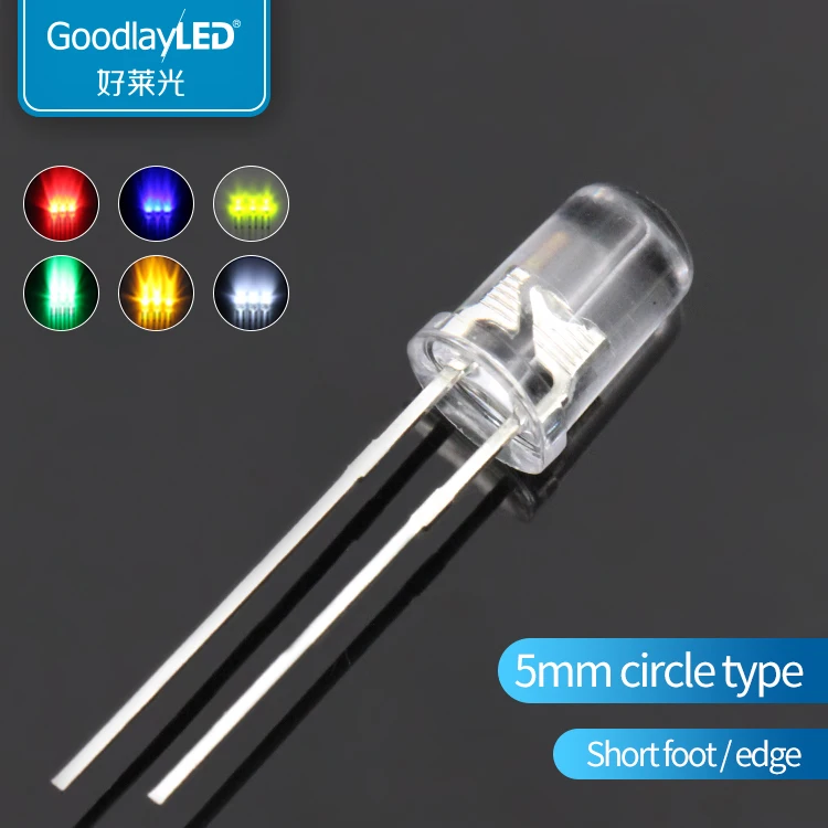 Светодиодные светоизлучающие диоды F5 / 5 мм, круглая головка, короткая ножка с краем, прозрачный белый свет, красный, синий, зеленый, желтый