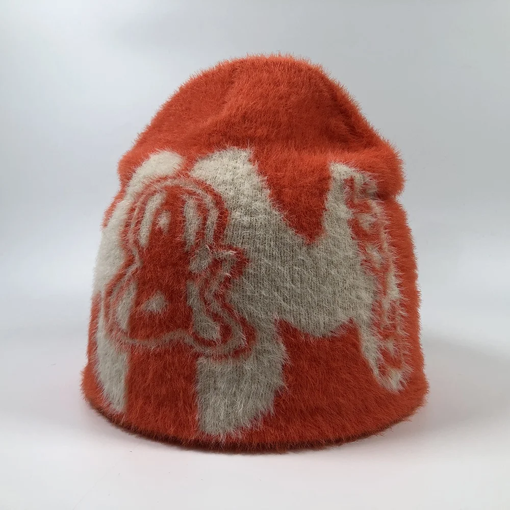 OEM popular premium unisex colorful unfold fur warm knit winter hats with jacquard design logo custom no cuff mohair beanie
