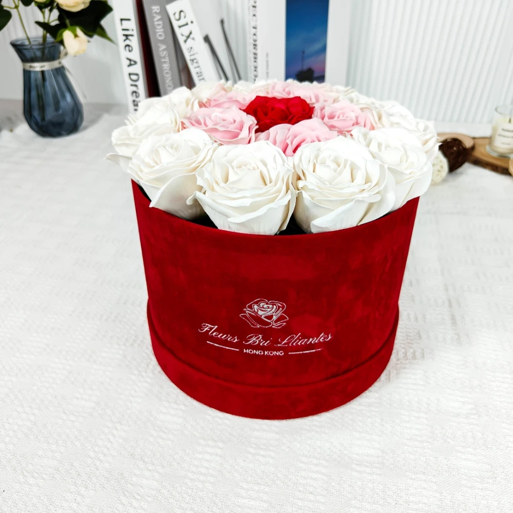 Hot festive premium wine red round tube velvet flower box, used for weddings and various lively festivals