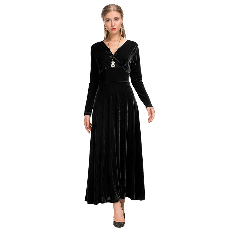 Winter hot sale elegant women party long sleeve sexy V neck velvet fabric evening maxi dress