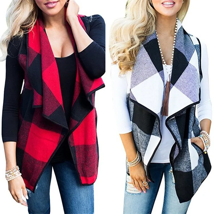 Wholesale Fashion Women Outwear Waterfall Asymmetrical Hem buffalo Long Plaid Vest Coat