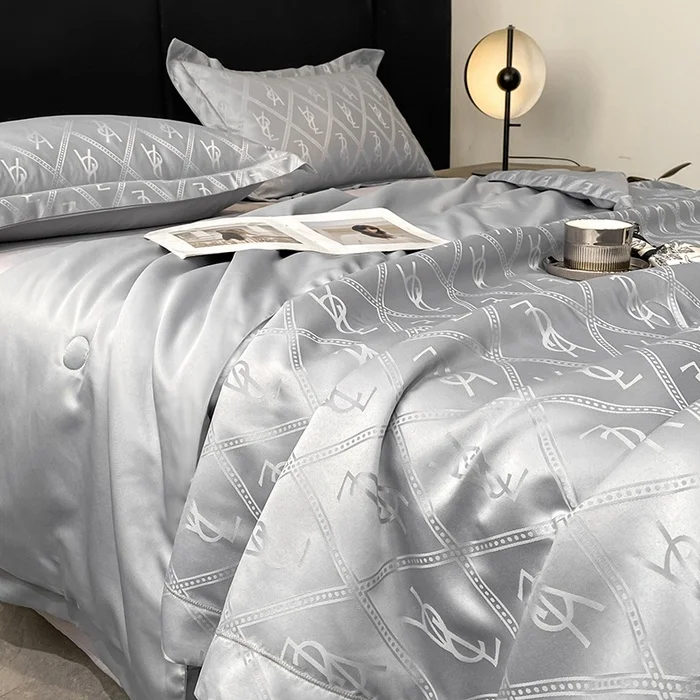 Luxury Brand Washed Tencel Quilt Sets for Summer Solid Silk-like Letter Striped Bedding Quilts King Queen Size 4-in-1
