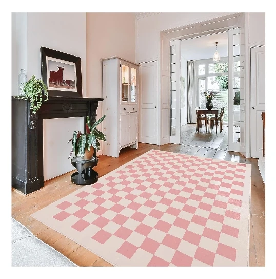 Simple Luxury Pink  Checkerboard Plaid Pattern Carpet Eco-friendly Faux Fux Sheepskin Area Rug For Living Room Bedroom