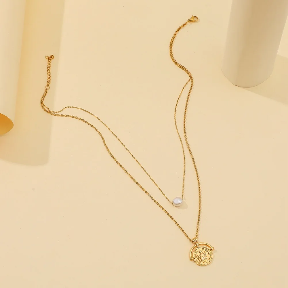 
Dvacaman 2021 Fashion Designer Dainty Multi Layer Portrait Coin Pearl Pendant Necklace Stainless Steel Necklace for Women 