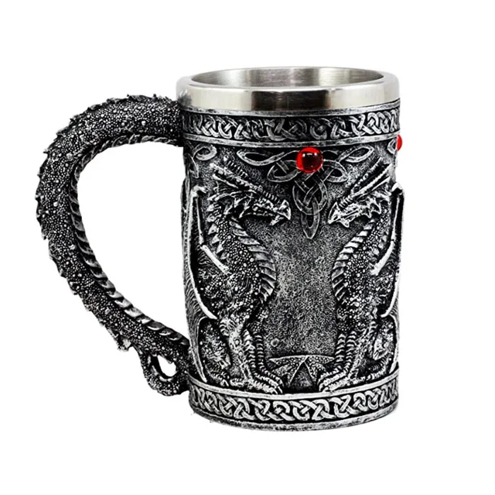 Large Silver Celtic Twin Dragon Fire Drakes Beer Stein Tankard Drink Cup 14oz