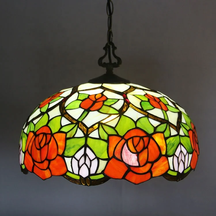 LongHuiJing Tiffany Pendant Light 2 Light 16 Wide Antique Rose Style Stained Glass Lampshade Hanging Lamp