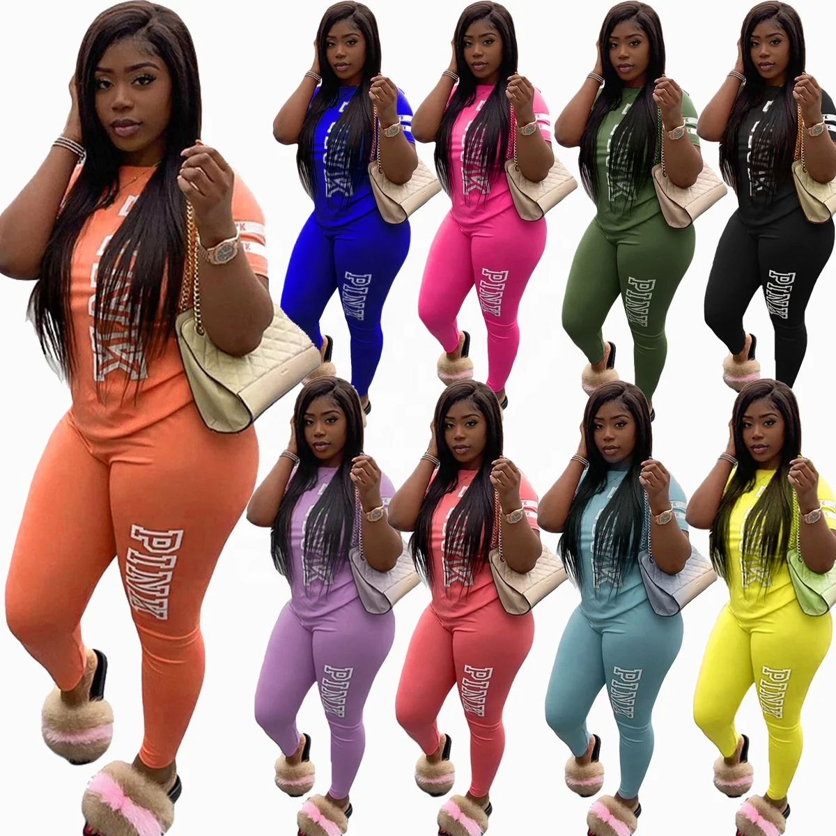 Spring Pink Letter 2 Piece Set Women Outfit Short Sleeve Plus Size T-shirt Pants Summer Casual Jogging Sets For Women Two Pieces