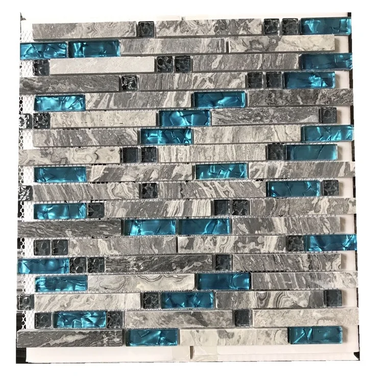 Home Building Glass Tile Kitchen Backsplash Idea Bath Shower Wall Decor Teal Blue Gray Wave Marble Interlocking Pattern Mosaic