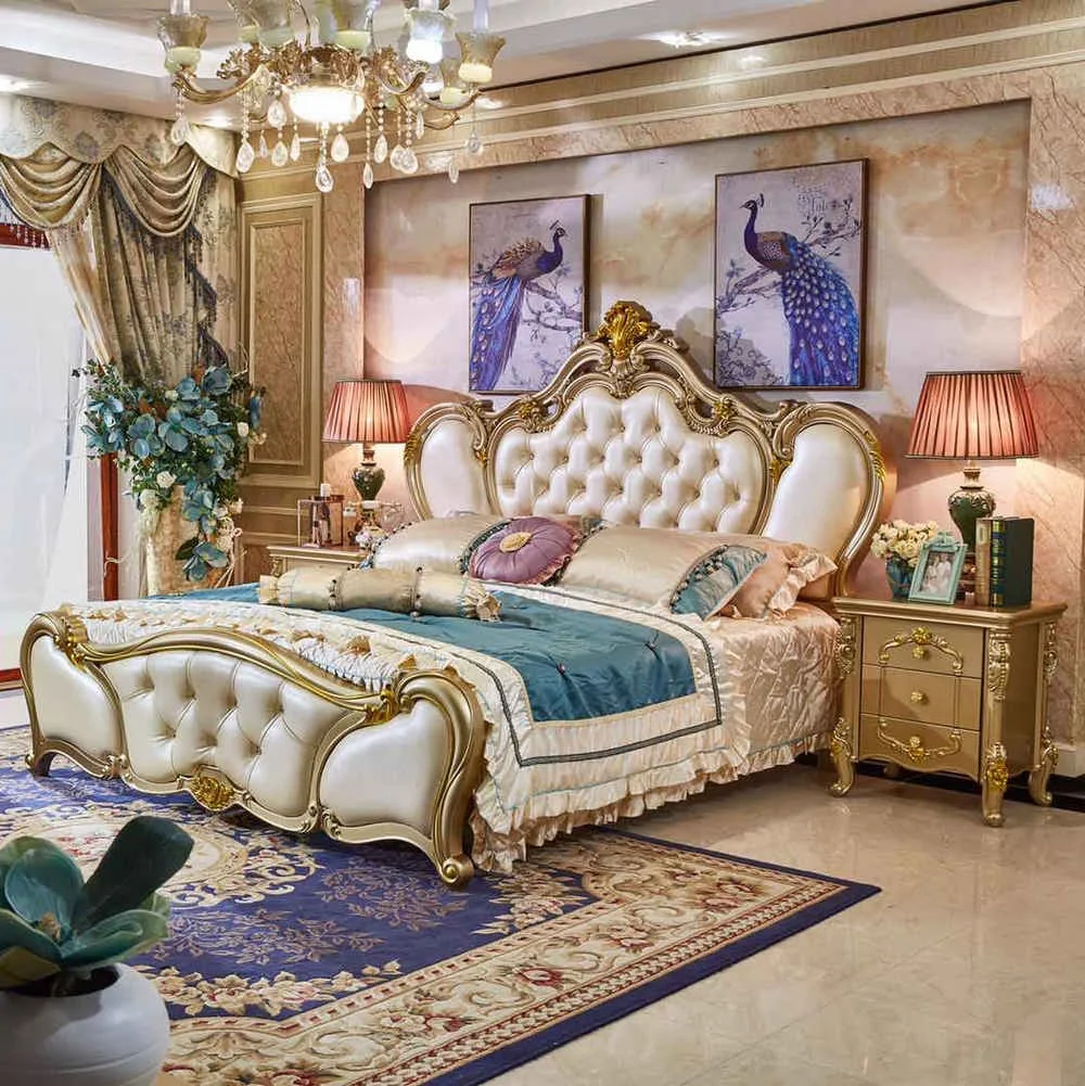 Luxury Champagne Gold Carved French Royal Leather King Size Bedroom Set Solid Wood Bedframe for Home or Apartment Furniture