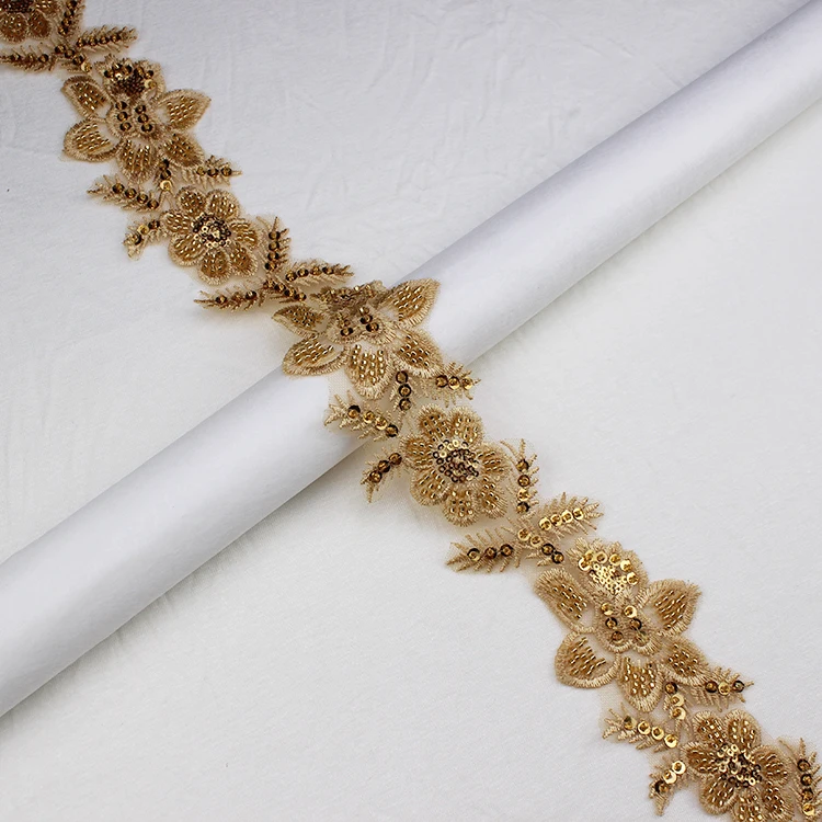 Rhinestone Applique Lace Trimming Border Embroidered Pearl Beaded Sequin Mesh Flower Embroidery Polyester Wedding Lace Trim