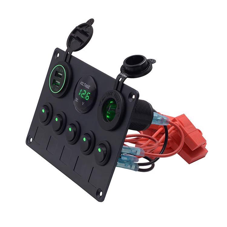 5 Gang Marine Switch Panel 12v With Usb Charger Socket And Voltage Meter