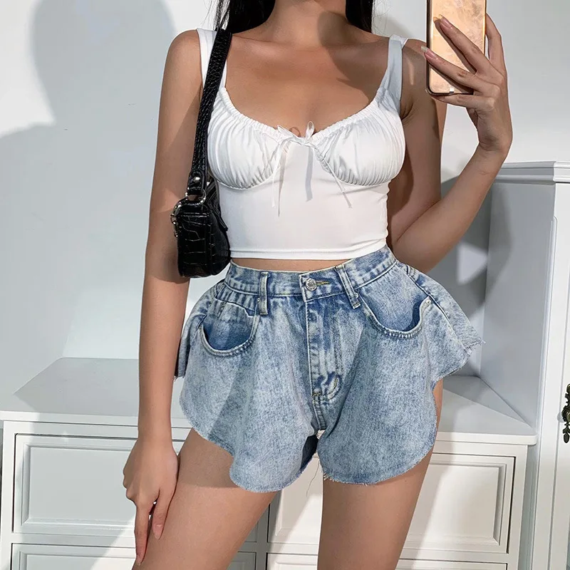 
Wholesale Fashion 2021 Summer Elegant Casual Irregularity Wide Leg With Pocket Denim Hot Shorts for Women Sexy Jeans Shorts 