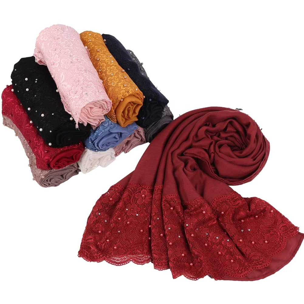 Оптовая продажа, кружевные женские шарфы из полиэстера, с жемчугом и стразами, мягкий мусульманский арабский женский шарф-хиджаб