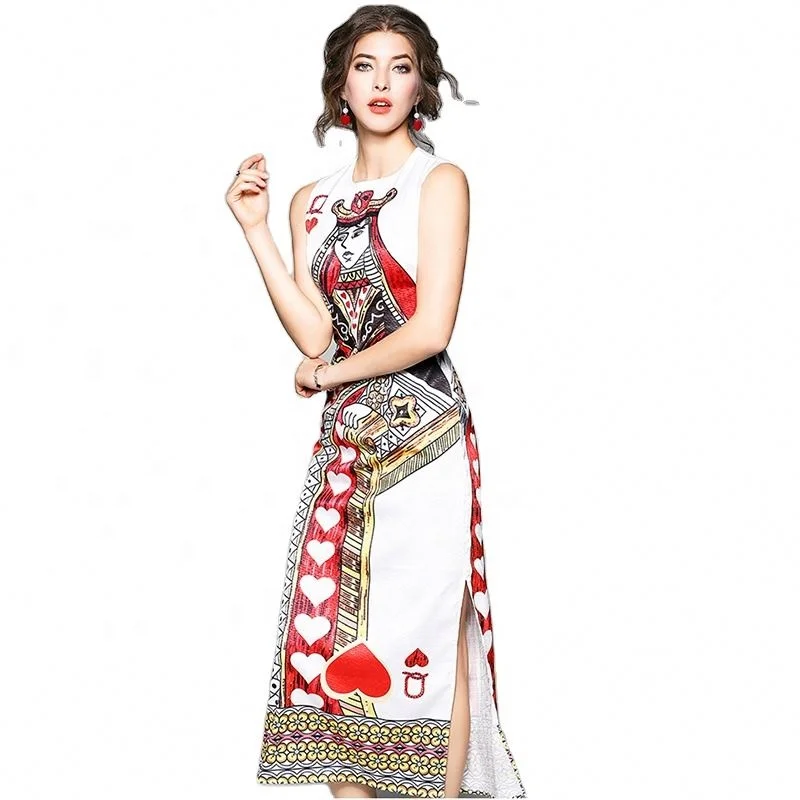 
Poker Flowers Print Sleeveless Runway Dress 