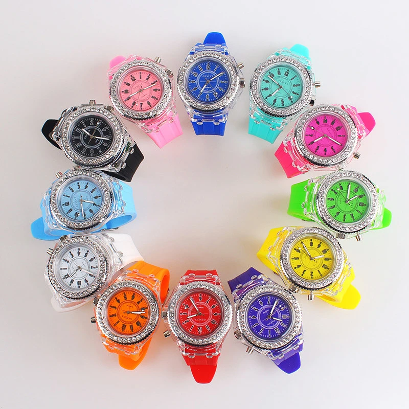 Fashion Rhinestone Big Dial Silicone Band Analog Watch Clear Case Quartz Watches LED Luminous For Kids Watch