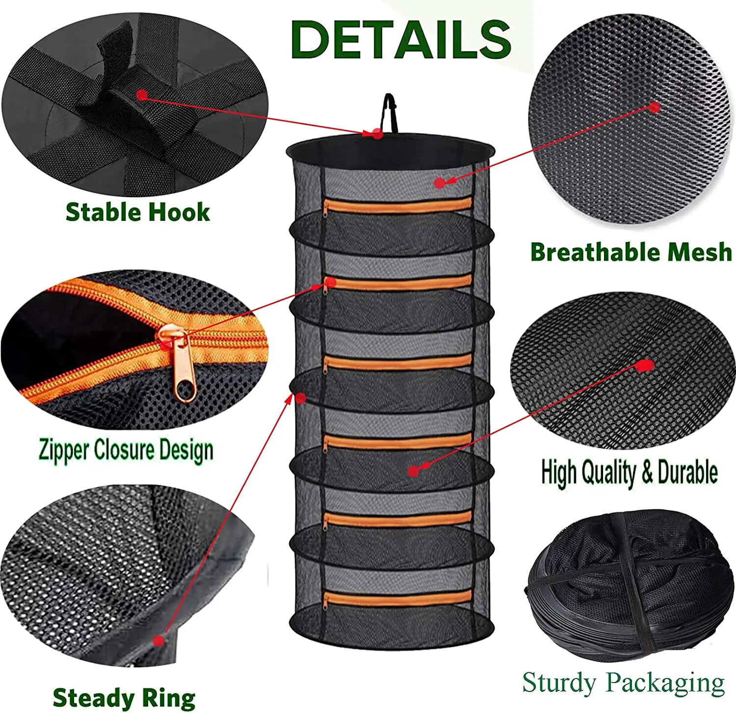 2/4/6/8 Layer 60cm Orange Zippers Garden Patio Household Closed Collapsible Mesh Hanging Herb Plant Drying Rack Dry Net