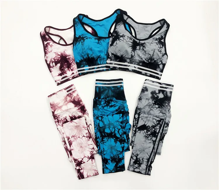Knitted Fashion Slim High Quality Suit Wear Spandex/Nylon Tie Dye American Sport Bra Top Fitness Stripe Yoga Sets