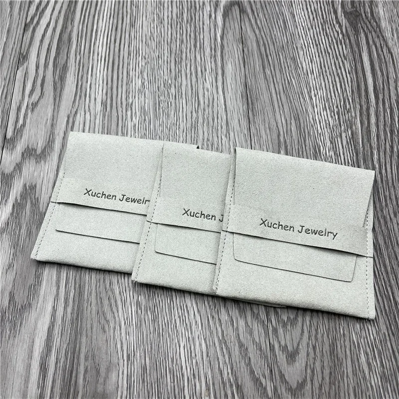 Custom Emboss Logo Microfiber Jewelry Flap Pouch Smoky Gray Envelope Suede Earring Necklace Packaging Jewelry Bag