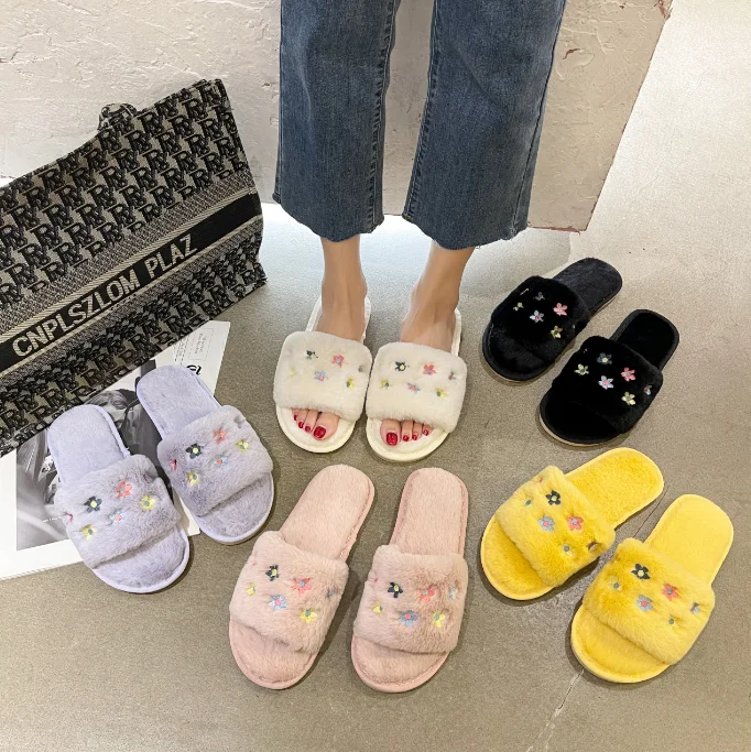 Top Sale Home Hotel Shoes Sandales Women Solid Color Fashion Flower embroidery Fur Slippers Fluffy Slippers For Women