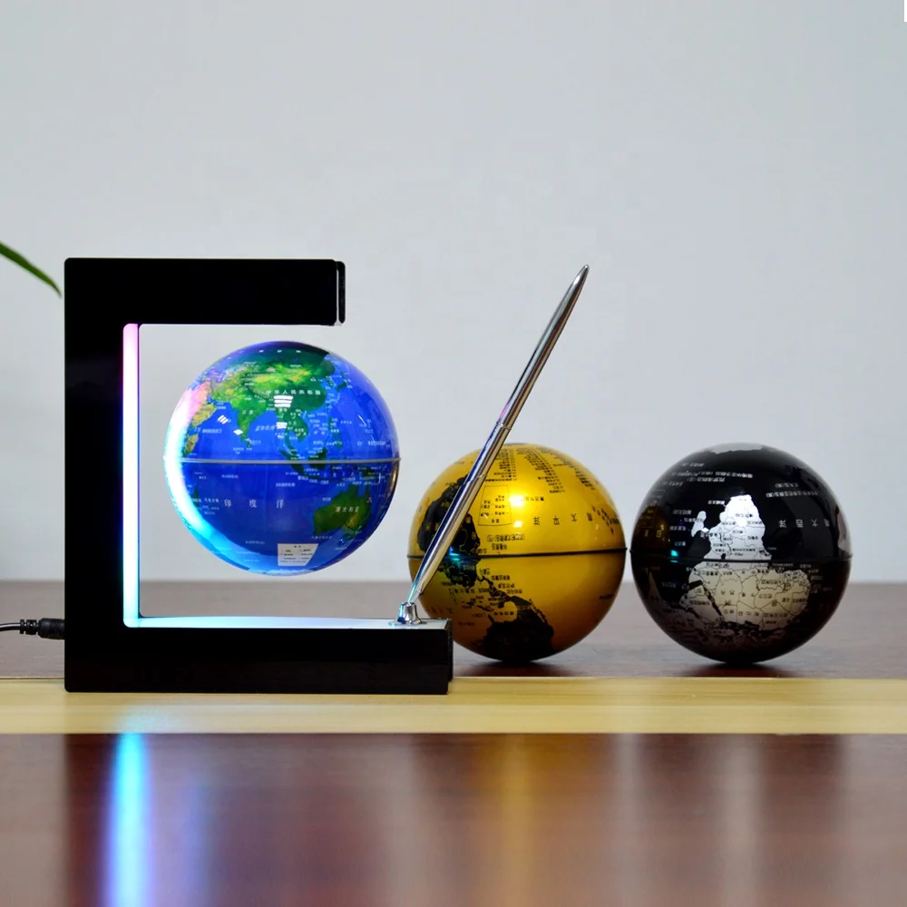 New E shape magnetic floating and rotating 106mm globe with decorative pen