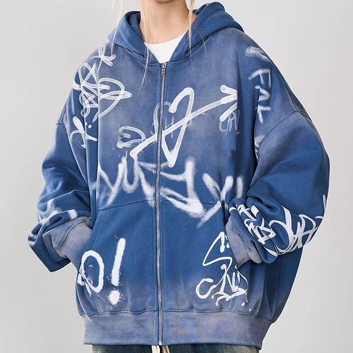 manufacturer boxy heavyweight hoodie paint splatter graffiti hoodie vintage wash sun faded zip up hoodie