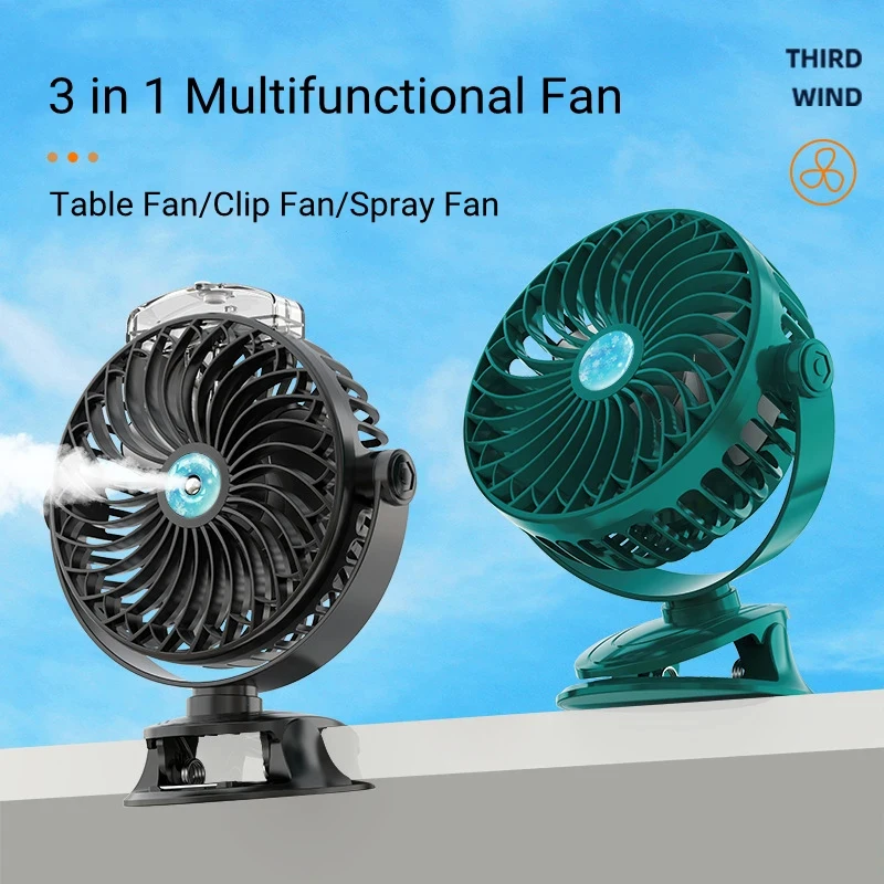 Mini Portable USB Clip Fan 4000mAh Rechargeable Water Mist Spray Fan 5 Gear Wind  Rotary Electric Air Cooling Fan