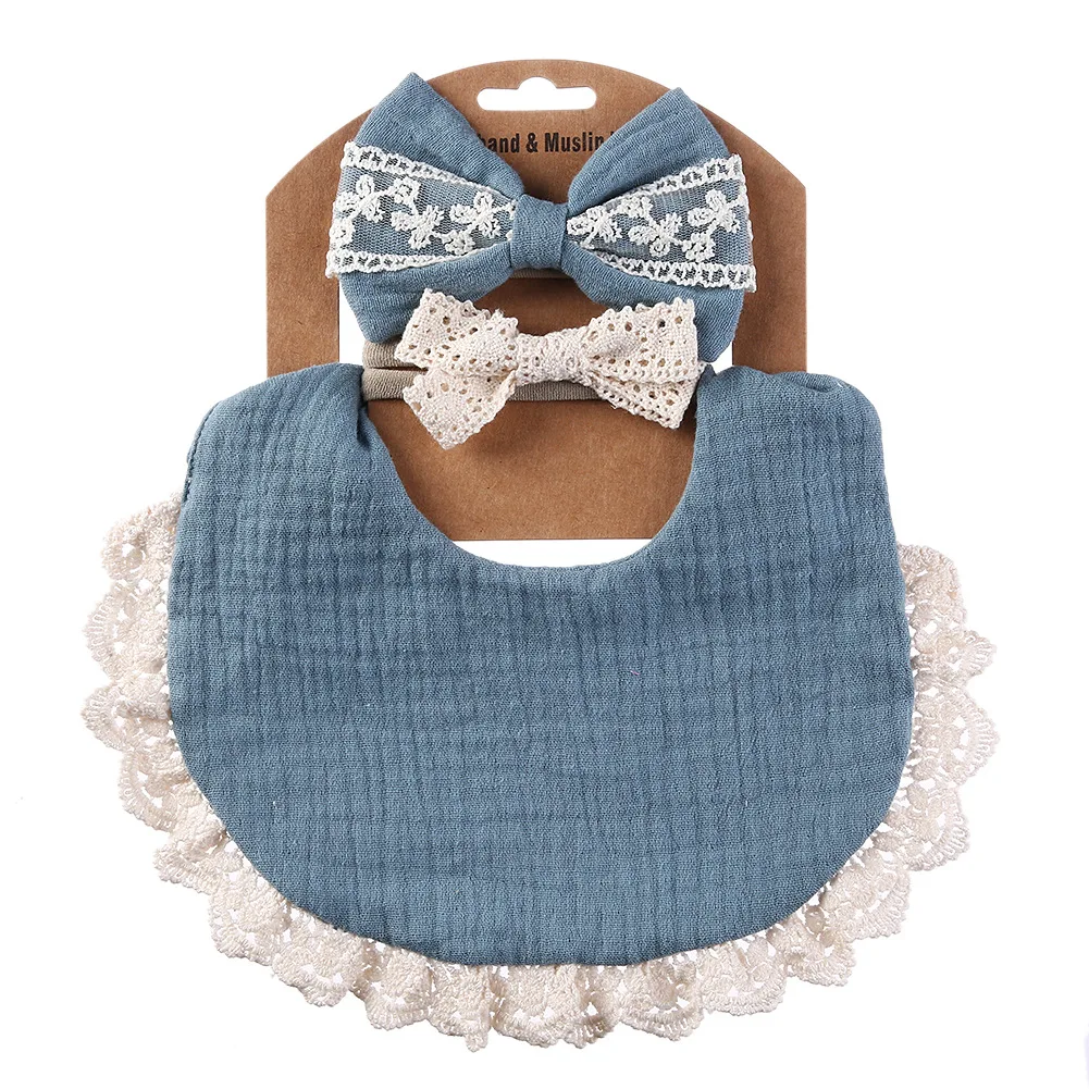 2024 hot sale 3 Pcs Cotton Linen Bib Burp Clothes Newborn Girl double sided solid lace trim drool baby muslin bib and bow