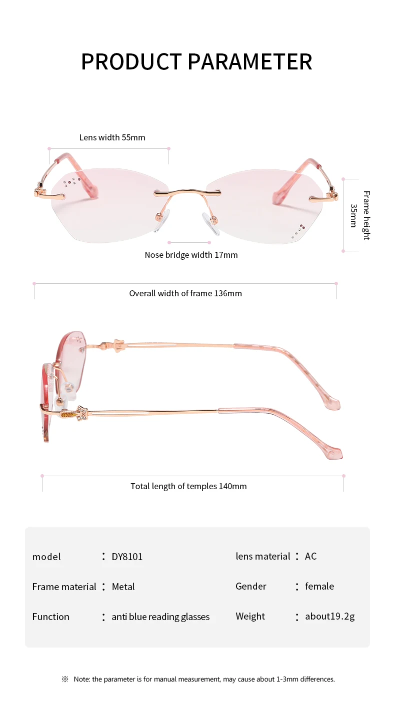 Diamond-Cut Edge Diamond Women Anti-Blue Light Reading Glasses Elegant Fashion Rimless Glasses Gold Frame Pink Lens