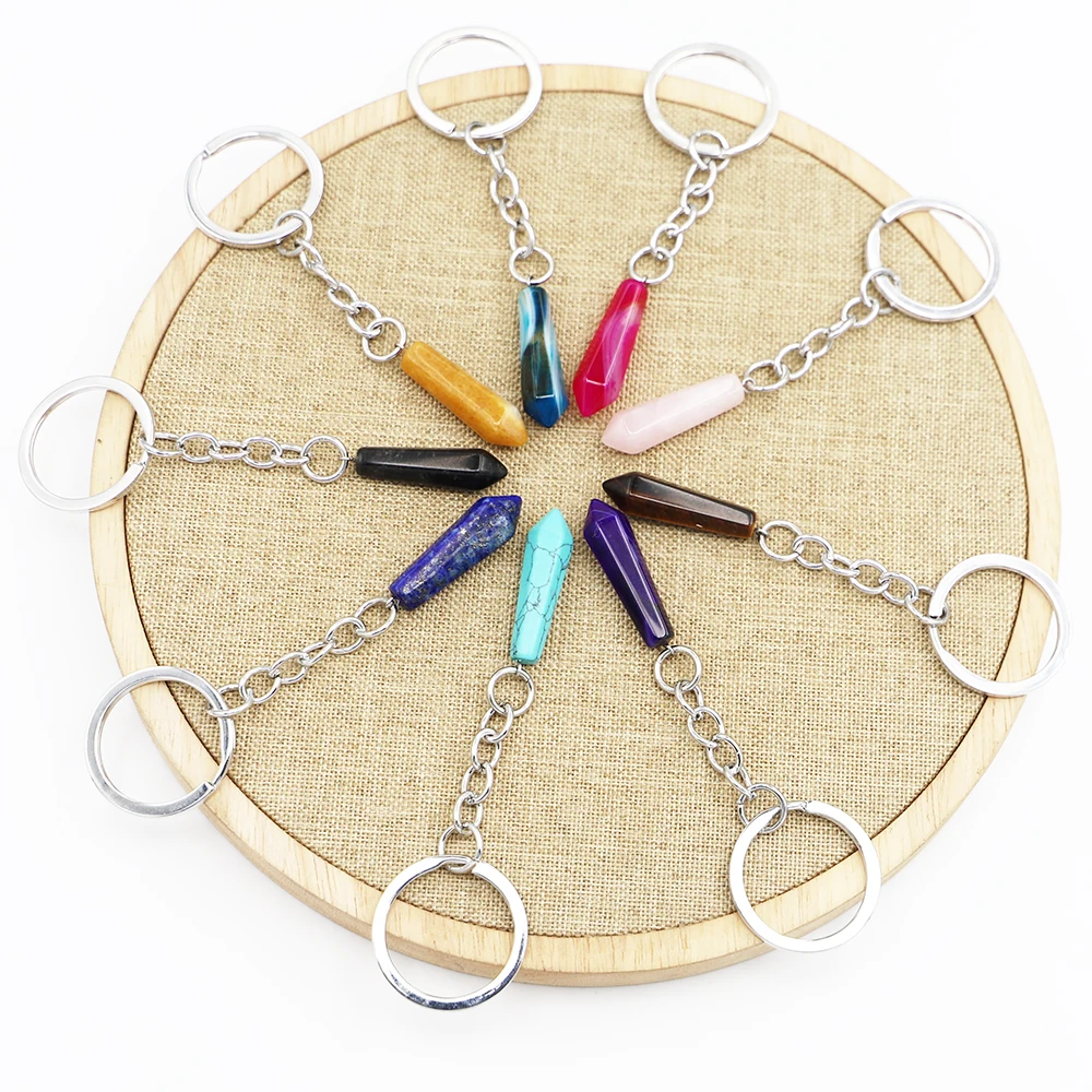 Natural Stone Hexagonal Column Keychain Stripe Agates Pendants Key Rings on Bag Car Jewelry Party Friends Gift