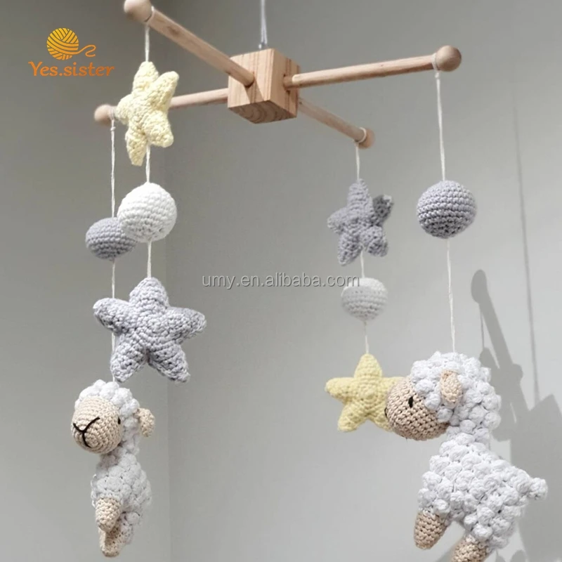 Eco-friendly 100 % Cotton Non Toxic Soft Toy Crochet Knit Sheep Star Cot Mobile Baby