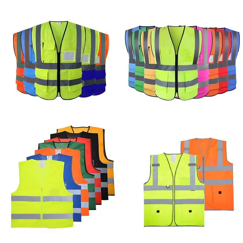 High Visibility Zipper Front Safety Vest Railway Coal Miners Builders Reflective Strips Fluorescent Hi Vis Vest
