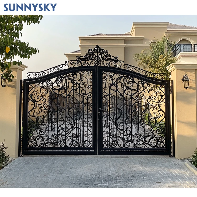 Sunnysky автоматический Дом Роскошный стальной забор ворота дизайн металла кованого железа двойные распашные подъездные