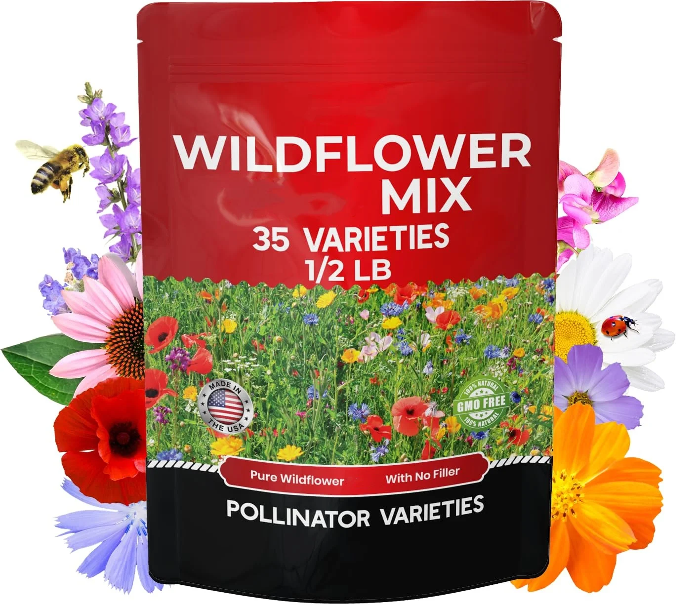 340,000 Wildflower Seeds 1/2 lb 35 Variety Mix Annual Perennial Flower Seeds Non-GMO Attracting Butterflies Flower Pots Planters