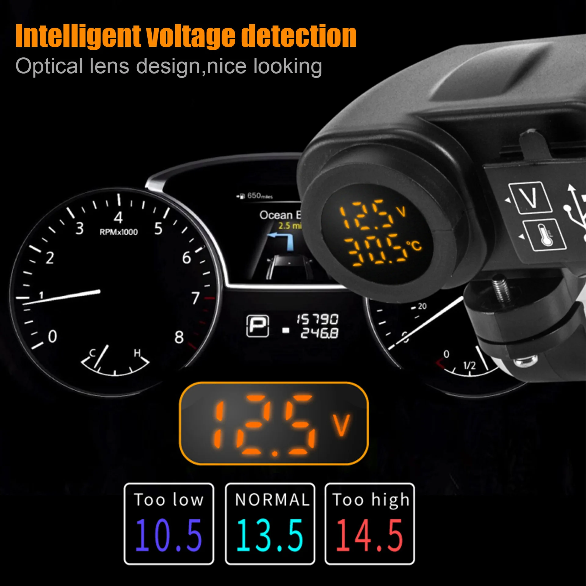 Rainproof 5V 4.2A motorcycle usb voltmeter with temperature display