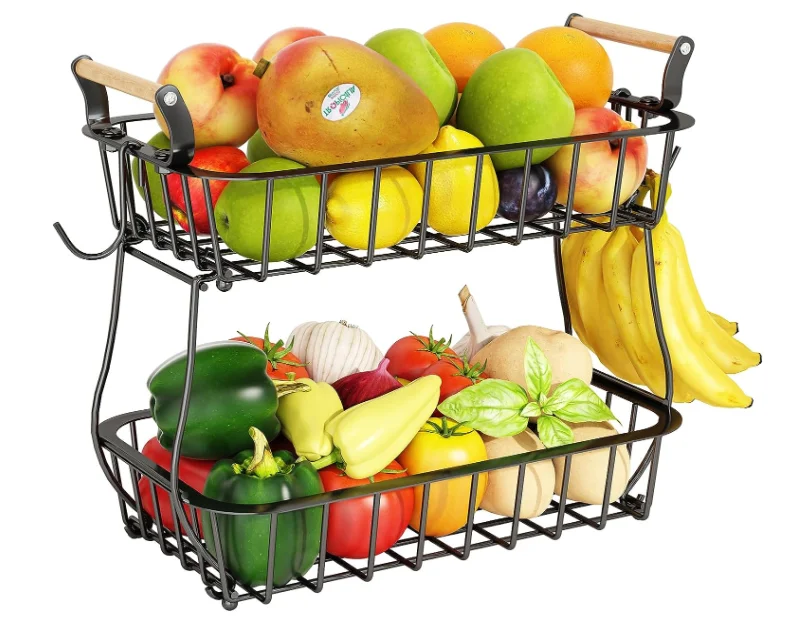 2 Tier Countertop Fruit Basket Bowl with 2 Banana Hangers, Metal Wire Storage Basket Fruits Stand Holder