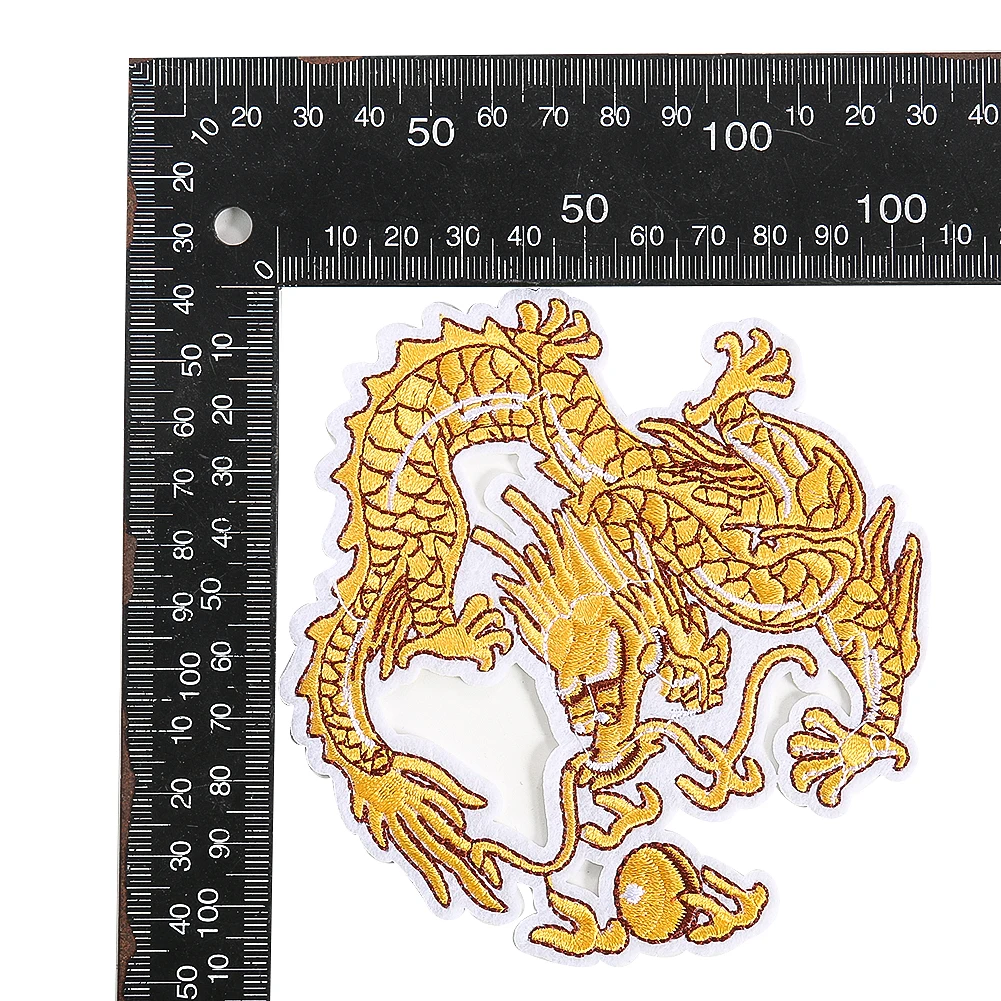 High quality Chinese style dragon frolicking with a pearl golden dragon embroidery large patches badges iron on for clothing