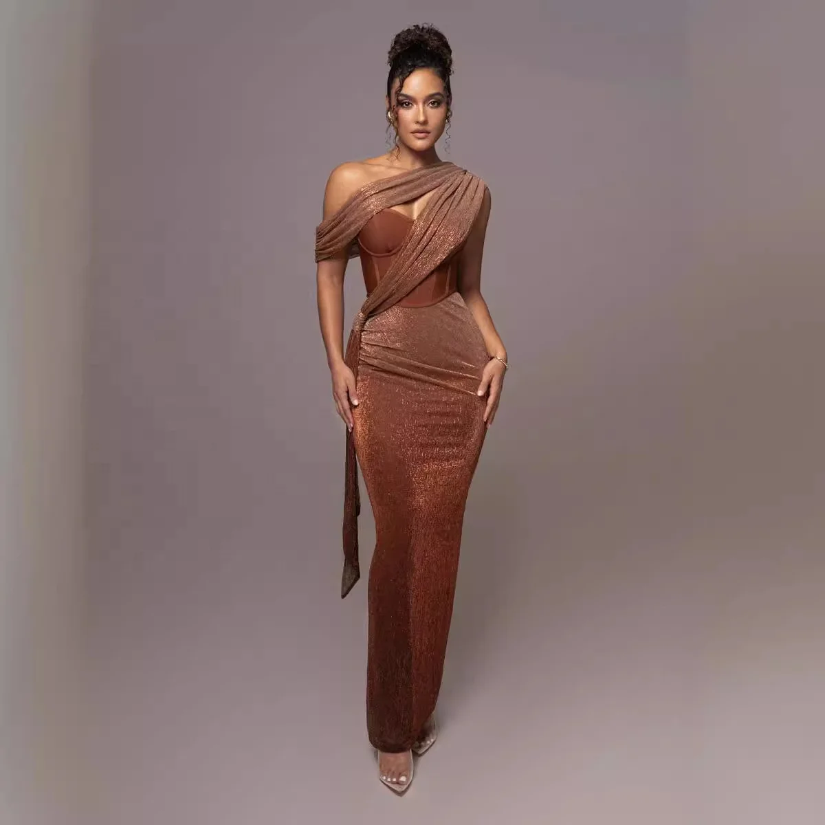 2024 New Women Fashion Oblique Shoulder Sexy Dresses For Ladies Hip Dress Evening Hollow Slim Ribbon Design Female Brown Dress