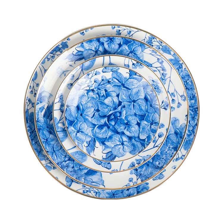 Factory cheap price blue and white gold rim ceramic dinner set Bone China Dinnerware ceramic plate