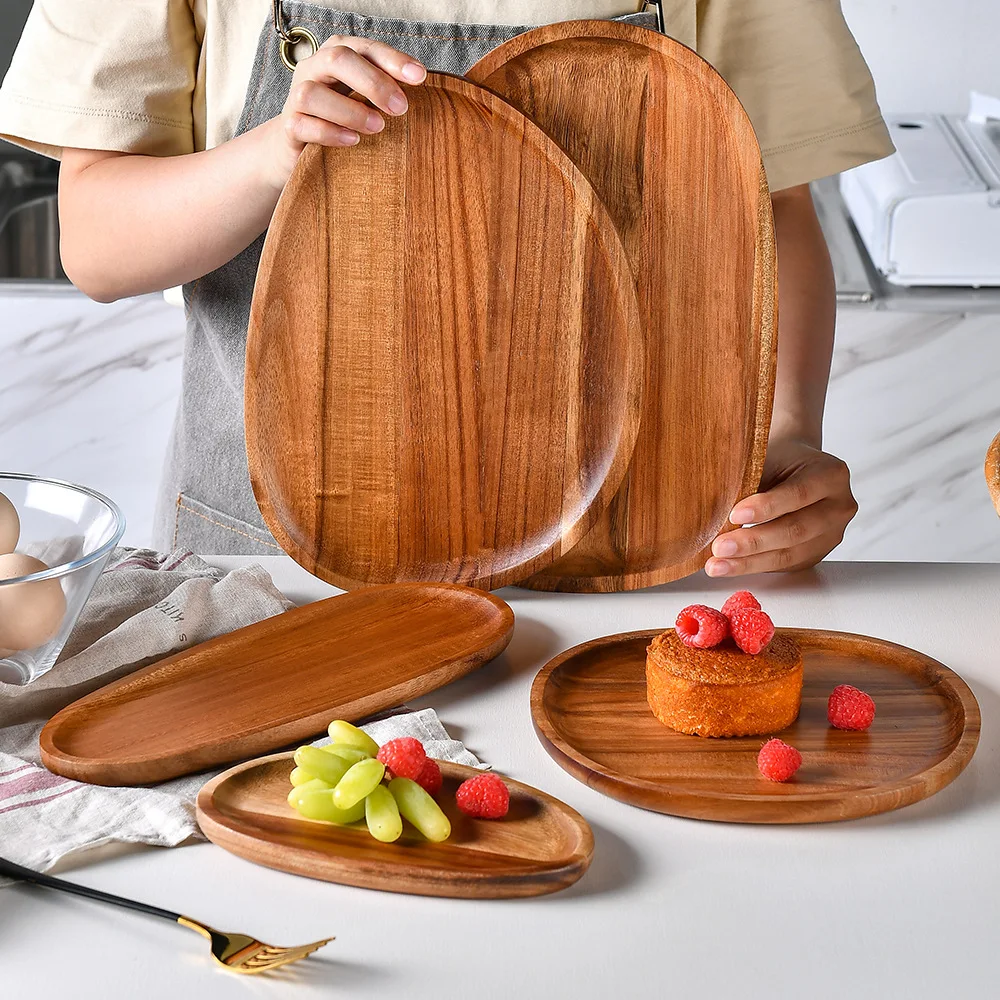 Besafe Irregular Oval Wooden Acacia Wood Serving platters tray Decorating Plates for Snacks Breads Desserts Cheese Fruit