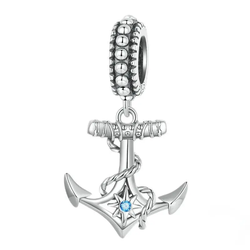 Original S925 Sterling Silver Anchor Pendant with Zirconia Beads Simple Design Winding Ship Standard Interesting Accessories