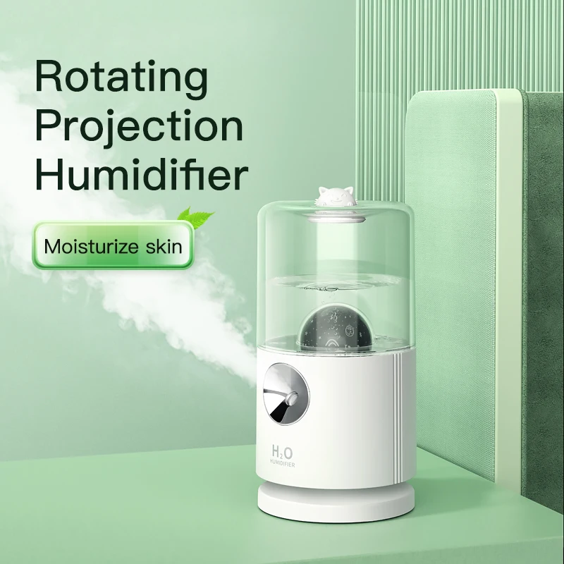 Mini Rechargeable Projection Rotation Air Humidifier With Colored Lights For Office And Bedroom
