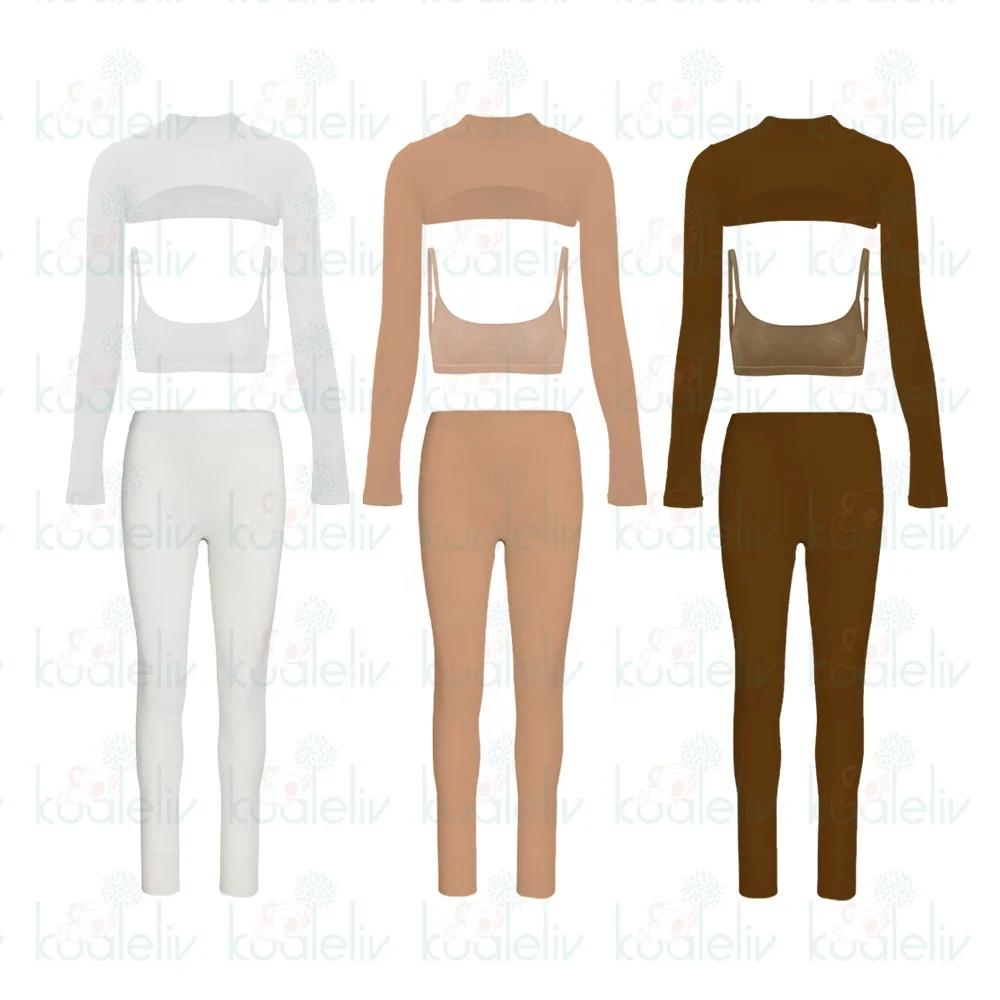 Custom Logo Sexy Women Cotton Ribbed Shrug Crop Top Sling Bra Leggings 3 2 Two Pieces Leggings And Top Set